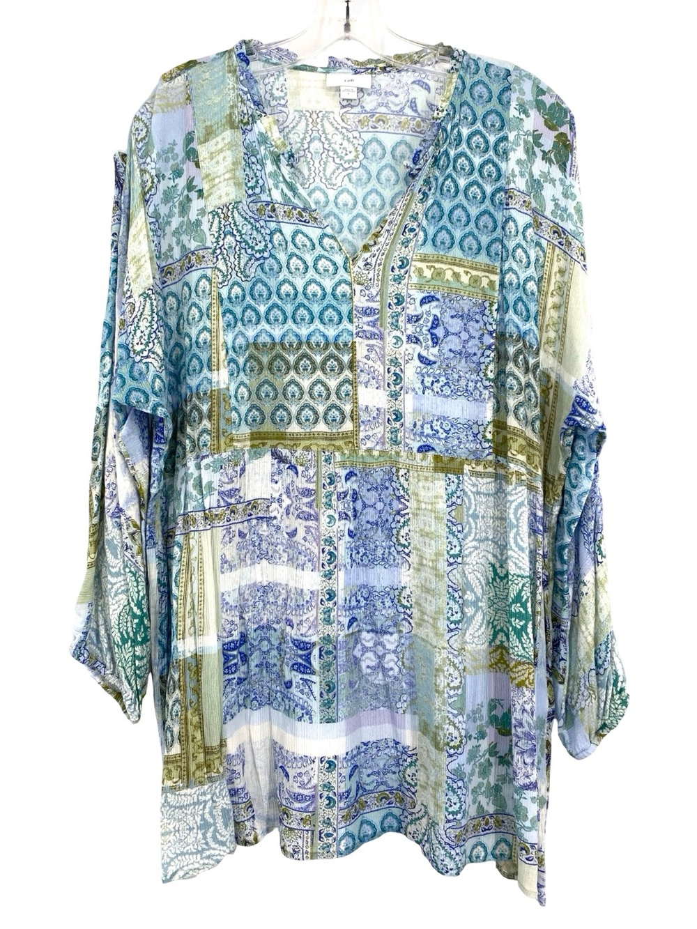 J. Jill Women Patchwork Print Tunic Top Boho Lightweight Flowy Semi Sheer Large